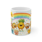 11oz Mug — Happy Rainbow Breakfast Characters Coffee Cup, Cute Pineapple, Donut & Snack Illustration