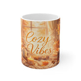 Cozy Vibes Mug — Autumn Warmth Coffee Cup, Fall Candle & Knit Blanket Design