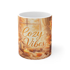 Cozy Vibes Mug — Autumn Warmth Coffee Cup, Fall Candle & Knit Blanket Design