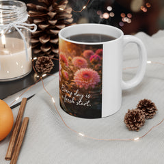 Floral Sunrise Mug — "Every day is a fresh start" Pink Dahlia Coffee Cup