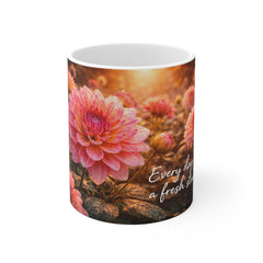 Floral Sunrise Mug — "Every day is a fresh start" Pink Dahlia Coffee Cup