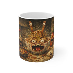 Spooky Ramen Monster 11oz Ceramic Mug — Cute Creepy Noodle Bowl Design