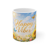 Happy Vibes Mug — Floral Sunflower Butterfly 11oz Coffee Cup