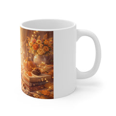 Cozy Vibes Mug — Autumn Warmth Coffee Cup, Fall Candle & Knit Blanket Design