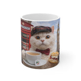 London Tea Cat Mug — Cute Cat with Tea, Scone & Red Phone Booth