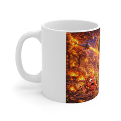 Angry Broccoli Rampage Mug — Fiery Cartoon Veggie Apocalypse Coffee Cup
