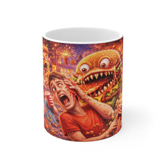 Horror Burger Monster Coffee Mug — Creepy Retro Fast Food Horror Scene 11oz