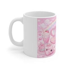 Kawaii Pink Cute Things Mug – Pastel Rainbow Teddy, Makeup & Sweets Ceramic Coffee Cup