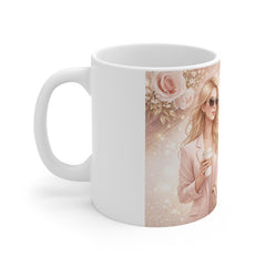 Elegant Blonde Woman Coffee Mug — Chic Floral 11oz Ceramic
