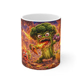 Angry Broccoli Rampage Mug — Fiery Cartoon Veggie Apocalypse Coffee Cup