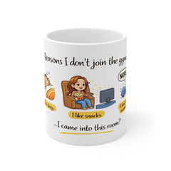 Coffee Mug – Funny "Reasons I Don't Join the Gym" Illustration Mug (I Like Sleep, Snacks)