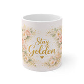 Stay Golden Floral Mug — Inspirational Gold Script Coffee Cup