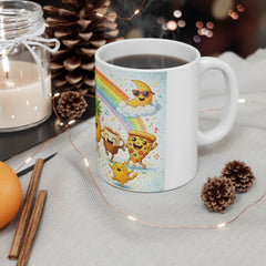 11oz Mug — Happy Rainbow Breakfast Characters Coffee Cup, Cute Pineapple, Donut & Snack Illustration