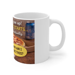 Funny Pizza Mug — "I Give Up! Diet Starts Eventually" Coffee Cup