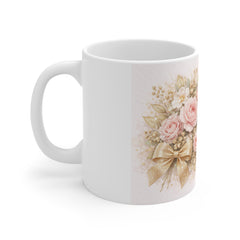 Floral Bouquet Coffee Mug — Vintage Pink Roses with Gold Bow (11oz)