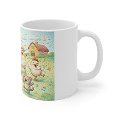 Cute Farm Animals Mug — Dancing Cow, Pig & Lamb 11oz Coffee Cup