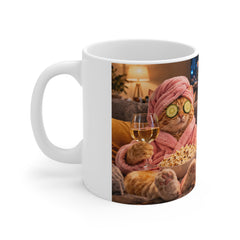 Cozy Cat Movie Night Mug - Cats in Robes with Pizza & Wine Ceramic Coffee Cup