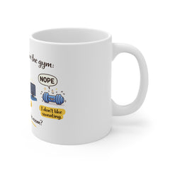 Coffee Mug – Funny "Reasons I Don't Join the Gym" Illustration Mug (I Like Sleep, Snacks)