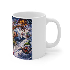 Horror Christmas Mug — Snowman Monster Sledding Scene 11oz