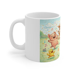 Cute Farm Animals Mug — Dancing Cow, Pig & Lamb 11oz Coffee Cup