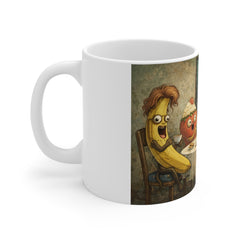 Surreal Tea Party Fruit Mug — Funny Spooky Banana & Friends 11oz Ceramic