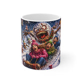 Horror Christmas Mug — Snowman Monster Sledding Scene 11oz