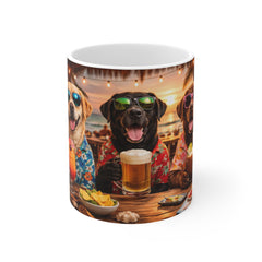Beach Party Dogs Mug — Funny Hawaiian Labrador Coffee Cup with Sunglasses & Beer