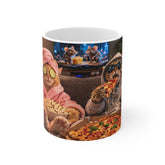 Cozy Cat Movie Night Mug - Cats in Robes with Pizza & Wine Ceramic Coffee Cup