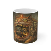 Cat-Train Horror Mug — Surreal Creepy Cat Bus Illustration