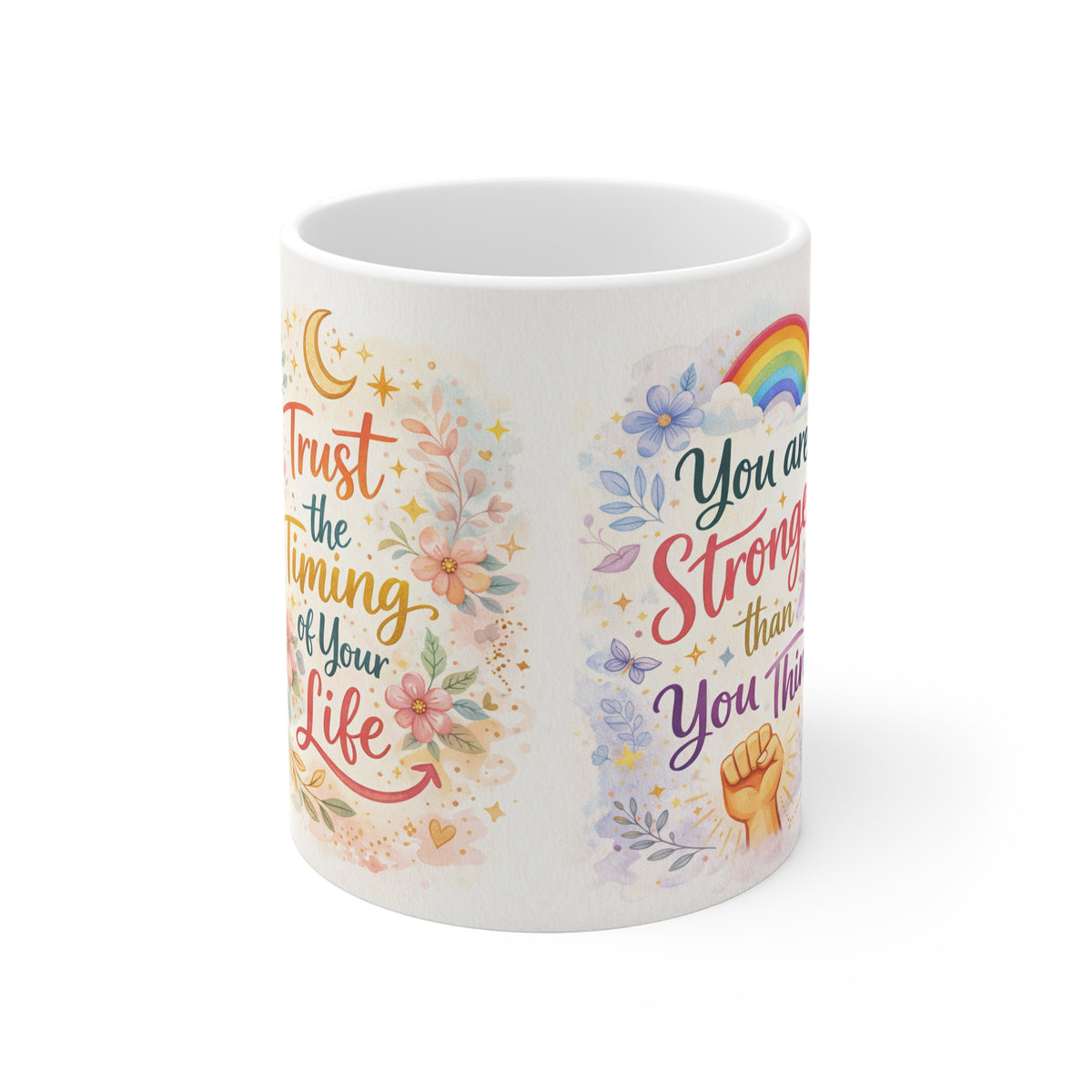 Inspirational Floral Mug — "Trust the Timing of Your Life" & "You Are Stronger Than You Think"