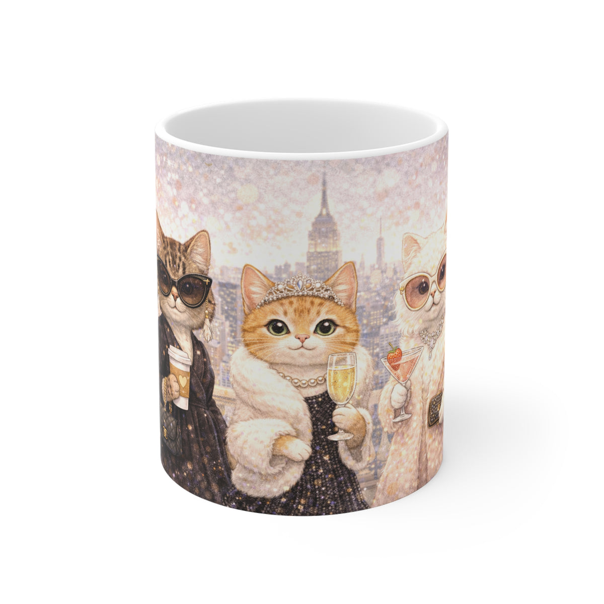 Chic City Cats Coffee Mug – Fashionable Cats with Champagne & Coffee 11oz