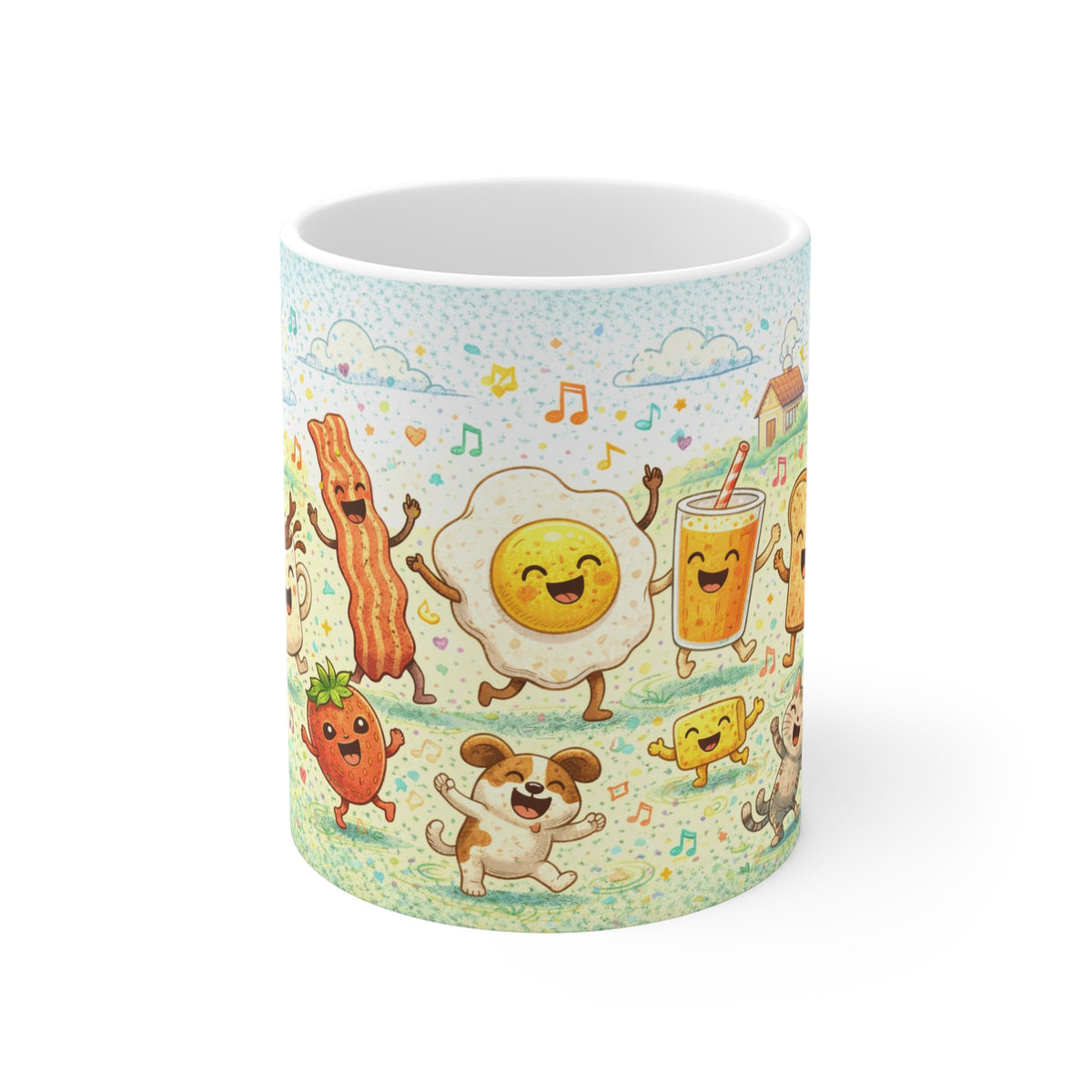 Happy Breakfast Mug — Cute Dancing Coffee, Egg & Bacon Kitchen Cup