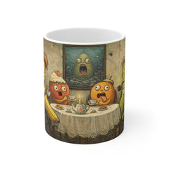 Surreal Tea Party Fruit Mug — Funny Spooky Banana & Friends 11oz Ceramic