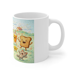 Happy Breakfast Mug — Cute Dancing Coffee, Egg & Bacon Kitchen Cup