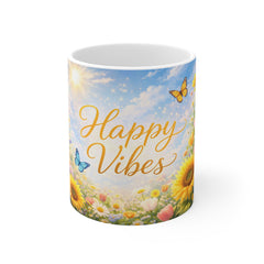Happy Vibes Mug — Floral Sunflower Butterfly 11oz Coffee Cup