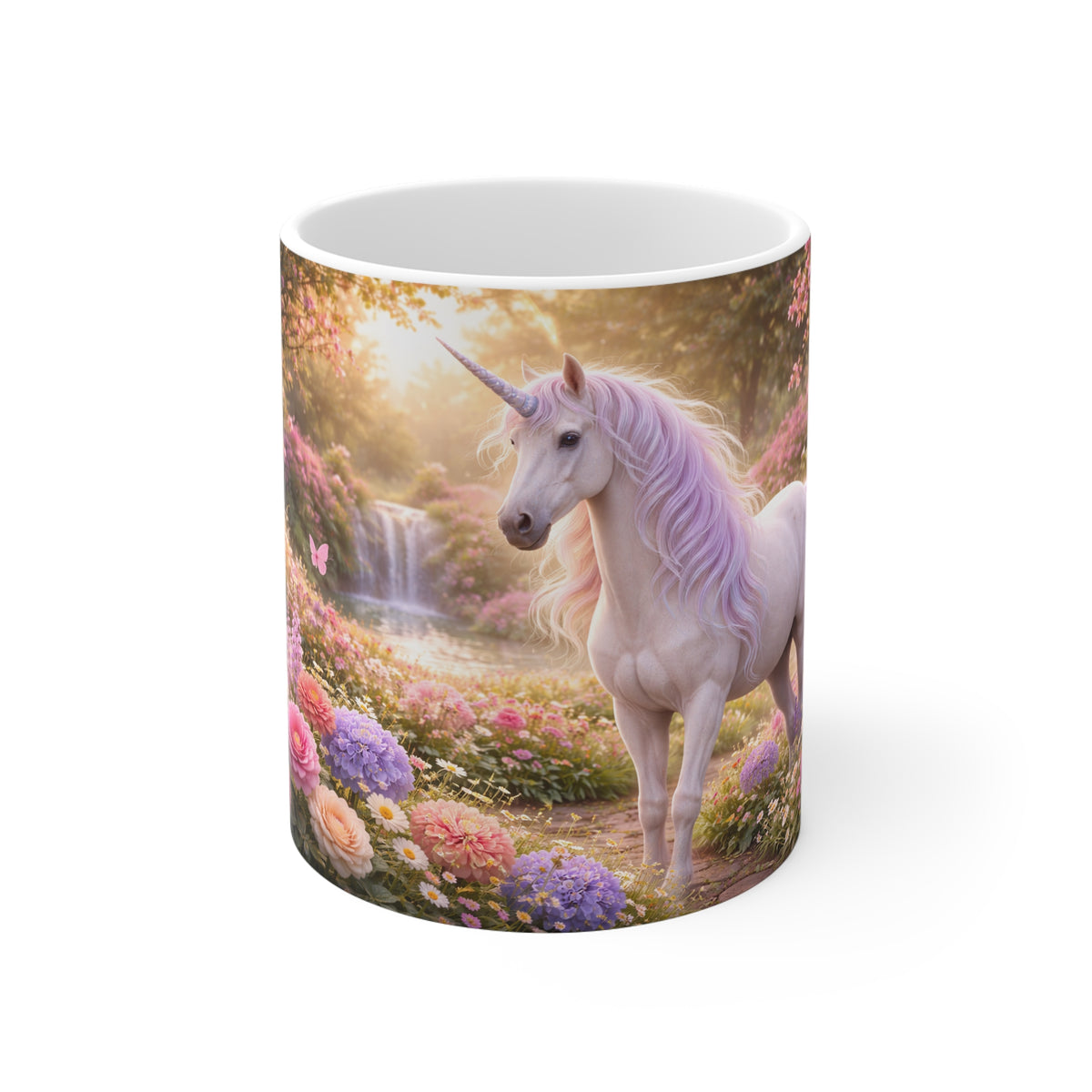 Unicorn Garden Mug — 11oz Fantasy Coffee Cup with Pastel Waterfall Scene