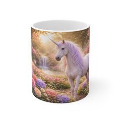 Unicorn Garden Mug — 11oz Fantasy Coffee Cup with Pastel Waterfall Scene