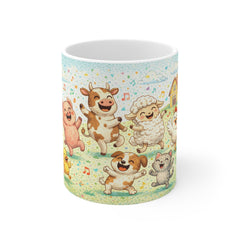 Cute Farm Animals Mug — Dancing Cow, Pig & Lamb 11oz Coffee Cup