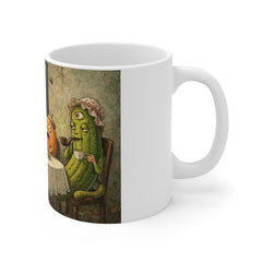 Surreal Tea Party Fruit Mug — Funny Spooky Banana & Friends 11oz Ceramic