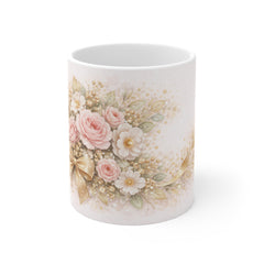 Floral Bouquet Coffee Mug — Vintage Pink Roses with Gold Bow (11oz)