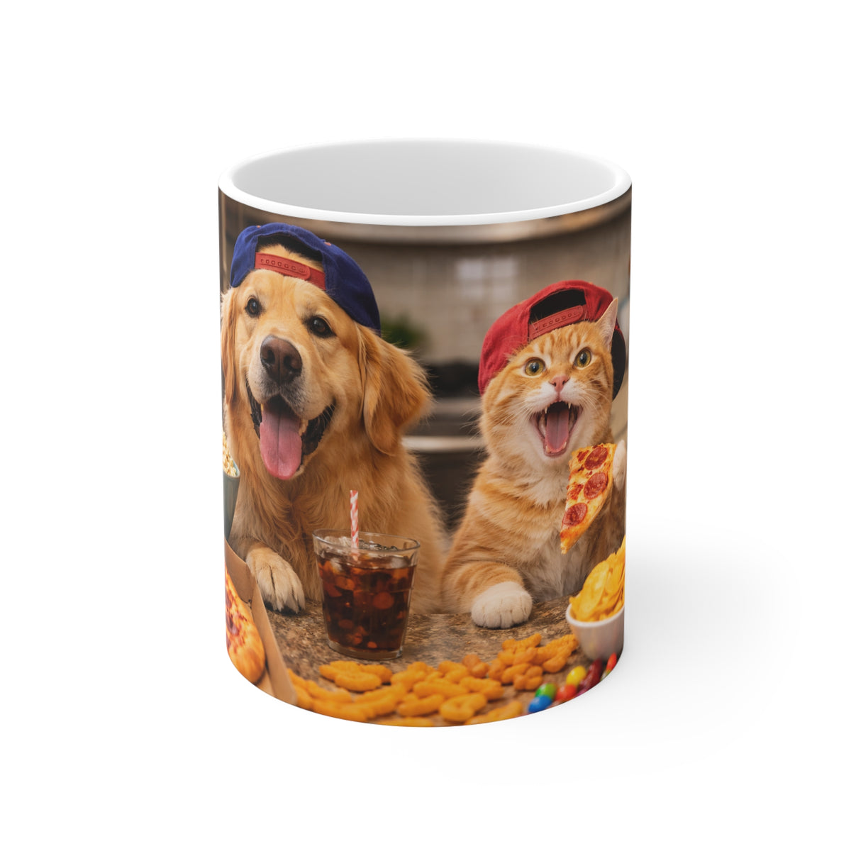 Dog & Cat Pizza Party Mug — Cute Pet Snack Time 11oz Ceramic Coffee Cup