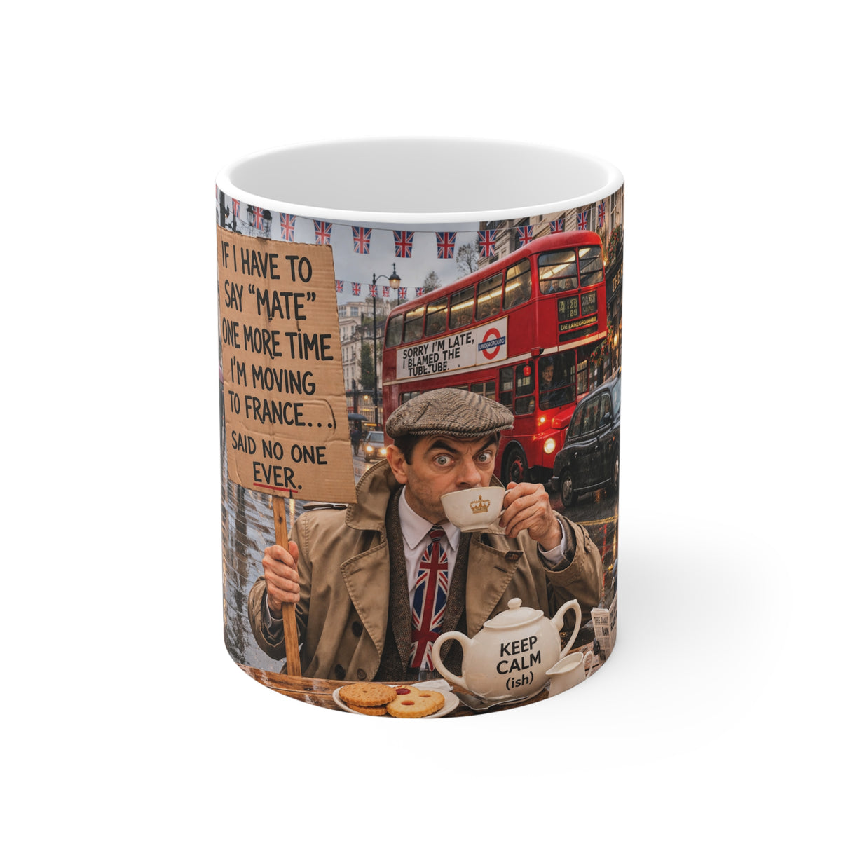 Funny British Mr. Bean Mug – 'If I Have to Say "Mate" One More Time I'm Moving to France' 11oz Coffee Cup