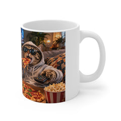Cozy Cat Movie Night Mug - Cats in Robes with Pizza & Wine Ceramic Coffee Cup