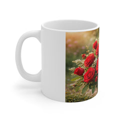 Red Rose Bouquet Mug — Floral 11oz Coffee Cup, Romantic Valentine’s Gift