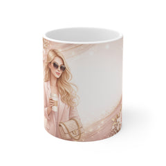 Elegant Blonde Woman Coffee Mug — Chic Floral 11oz Ceramic