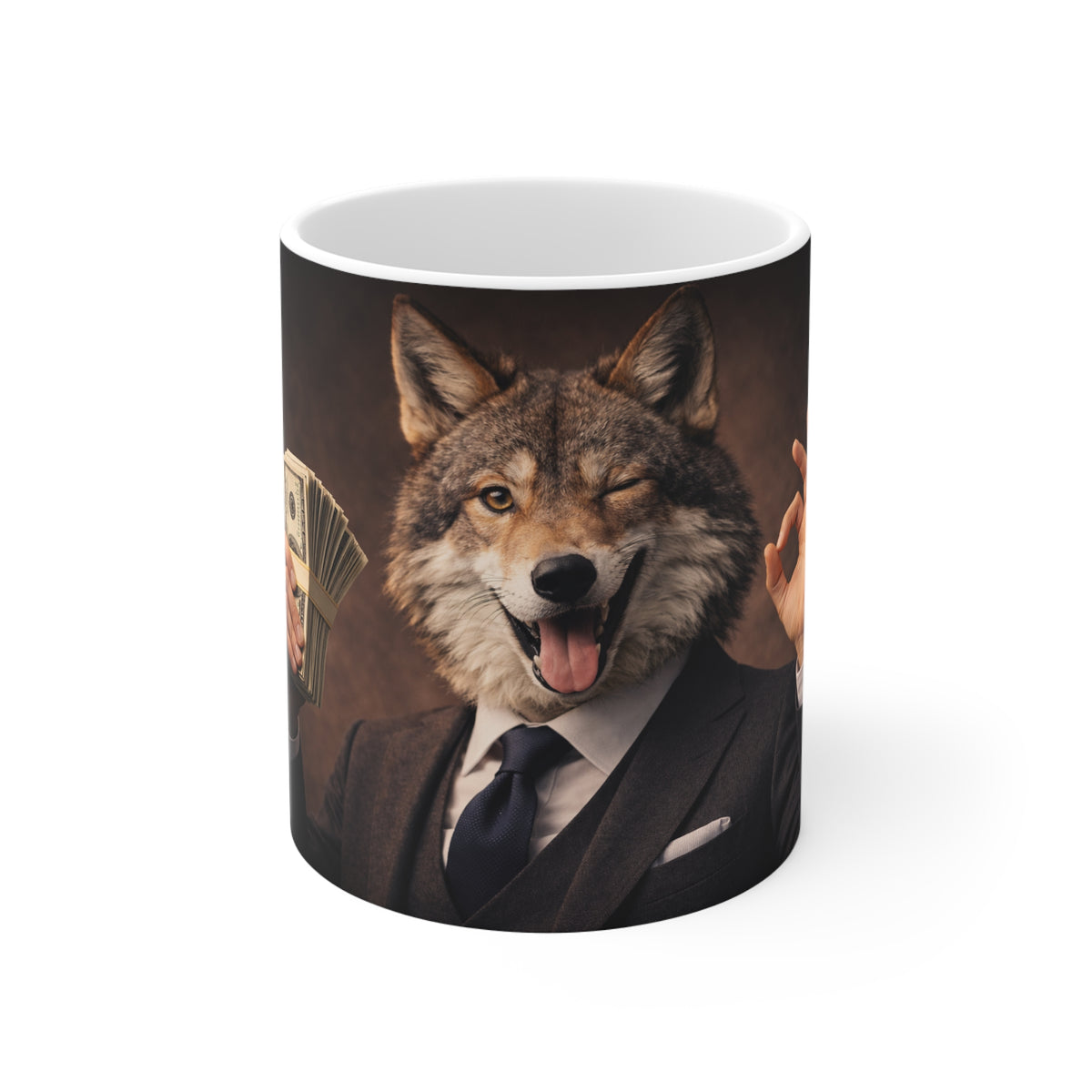 Mug — Winking Wolf in Suit Holding Cash Coffee Mug | Funny Business Animal Gift