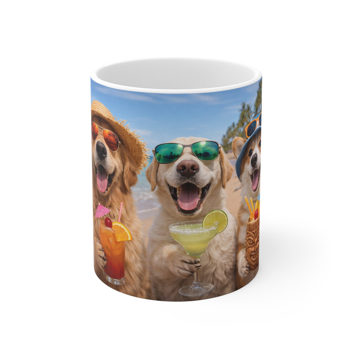 Beach Dogs Cocktail Mug — Funny Summer Coffee Cup with Sunglass-Wearing Golden Retrievers