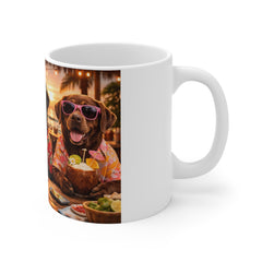 Beach Party Dogs Mug — Funny Hawaiian Labrador Coffee Cup with Sunglasses & Beer