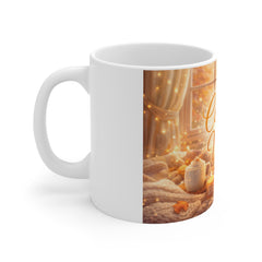 Cozy Vibes Mug — Autumn Warmth Coffee Cup, Fall Candle & Knit Blanket Design