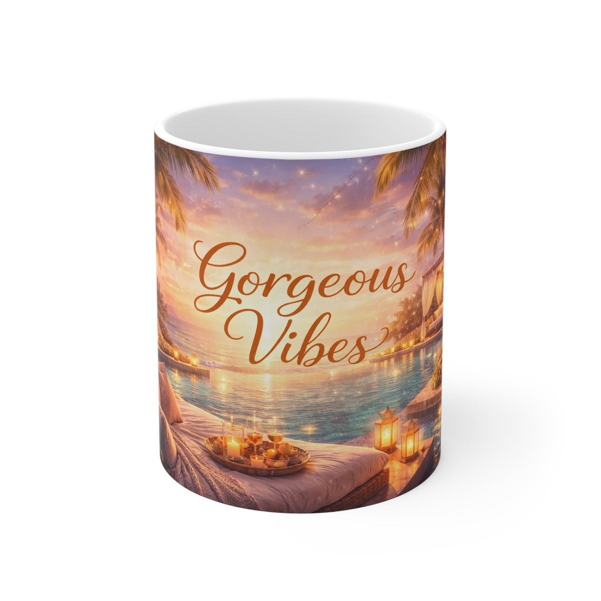 Gorgeous Vibes Ceramic Mug — Tropical Sunset Beach Scene